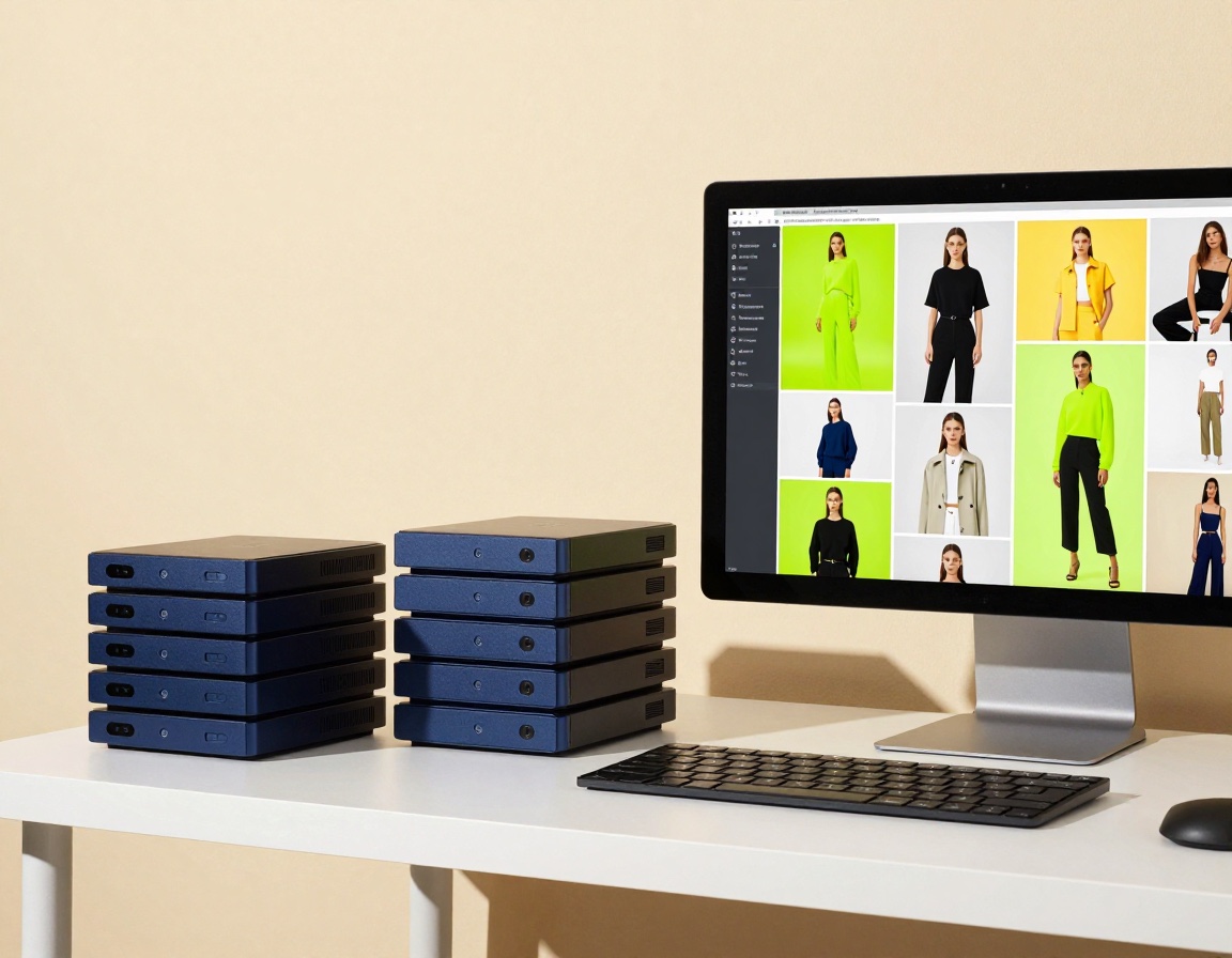 A bright shelf of storage drives beside a monitor with generated frames