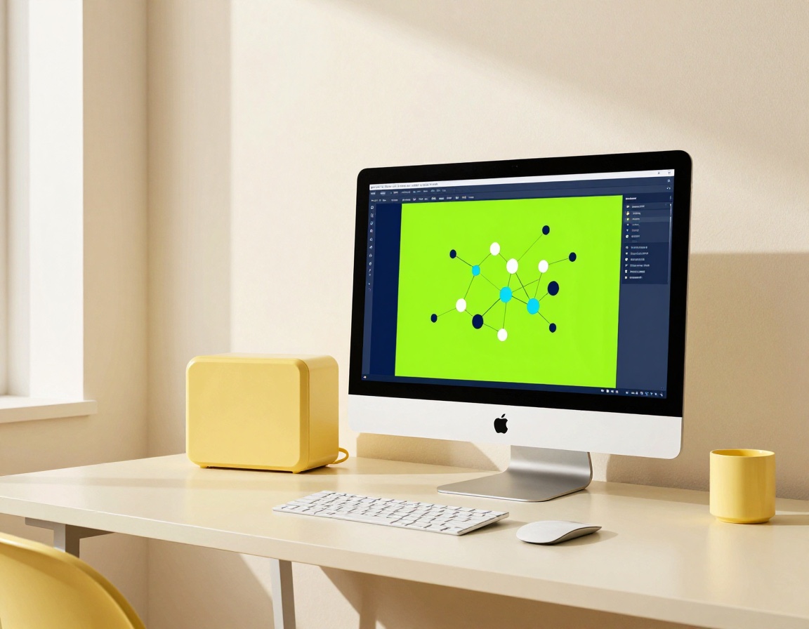 A Mac running a ComfyUI node graph in a bright studio